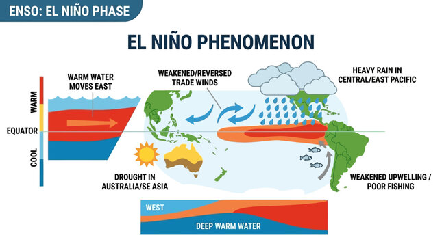 This detailed diagram explains the El Ni&ntilde;o phenomenon, showing warm ocean currents, weakened trade winds, heavy rainfall, and associated droughts globally.