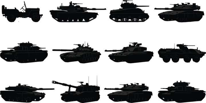 Military vehicle silhouette illustration set, vector design for tanks, armored vehicles, and combat technology concepts