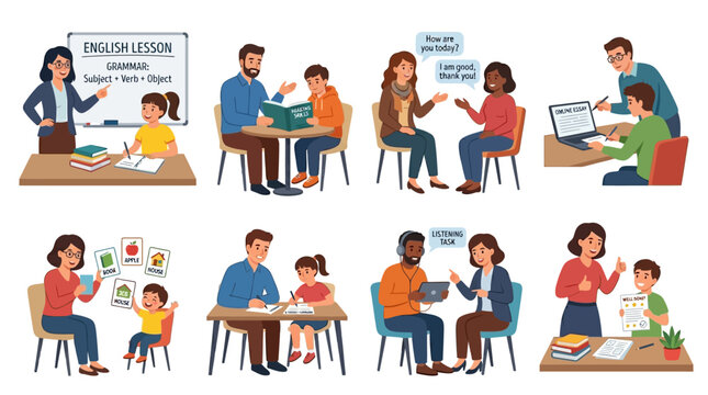 Diverse group of professional teachers helping students learn english through various interactive educational activities and modern study skill techniques