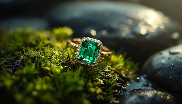 Luxury emerald and diamond gold ring on natural green moss and wet stones.