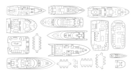 Top view of luxury yachts and boat deck plans, architectural floor plan sketches © Siam