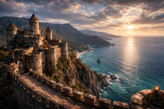Castle fortress with breathtaking sea and sky scenery from high vantage point