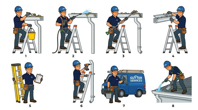 A friendly cartoon worker showcases a range of essential gutter services, from thorough cleaning to expert repair and efficient installation.