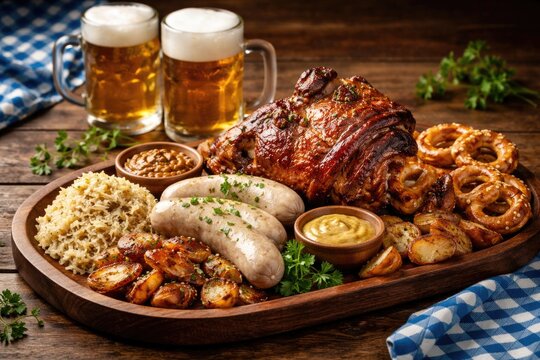 Hearty German festival spread with smoked pork knuckle, weisswurst, sauerkraut, and beer on wooden serving tray with copy space
