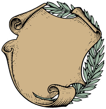 Vintage Heraldic Shield Plaque with Botanical Leaves in Engraved Style Isolated on Transparent Background PNG