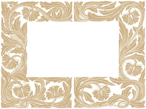 Vintage Floral Scroll Border Frame in Engraved Style Isolated on Transparent Background PNG