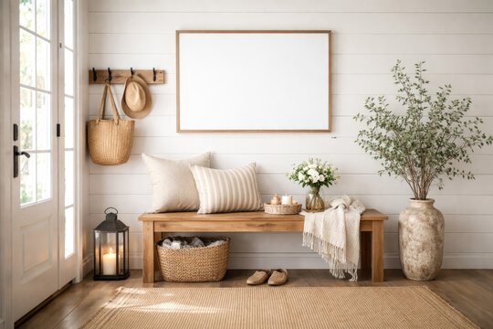 Inviting farmhouse vestibule with natural wood bench near crisp white shiplap wall mockup