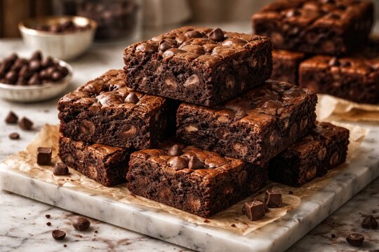 Irresistible chocolate chip brownies styled on elegant marble countertop