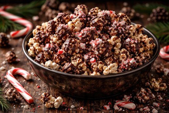 Decadent peppermint flavored popcorn coated in chocolate on wooden table