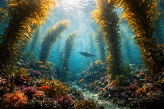Growth of Macrocystis pyrifera kelp sustaining underwater biodiversity