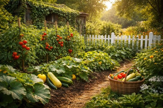 lush green vegetable garden thriving with tomatoes squash and zucchini framed by white picket fence and organic wood backdrop