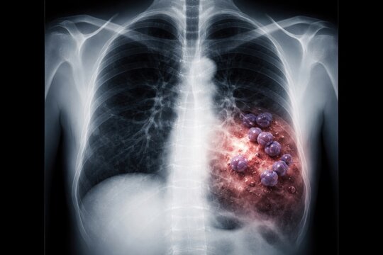 Lung X-ray demonstrating bacterial lobar pneumonia in right lower zone with Streptococcus pneumoniae