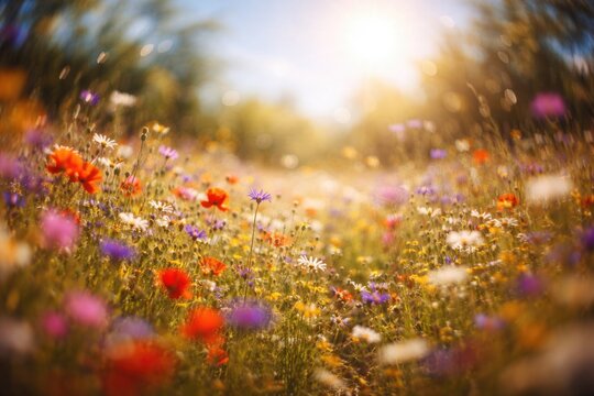 defocused wildflower field under bright sun with helios lens sky blur
