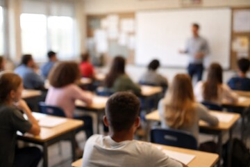 Fototapeta premium faint classroom scene featuring learners and educator blurred