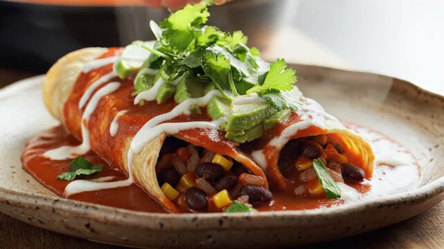Delicious Enchiladas Covered in Sauce and Toppings on a Plate.