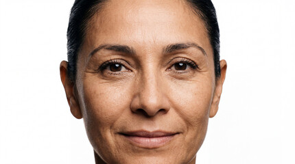 Fototapeta premium Extreme Close-Up Portrait of a Mature Hispanic Woman with Natural Skin Texture and Fine Lines, Studio Lighting on White Background