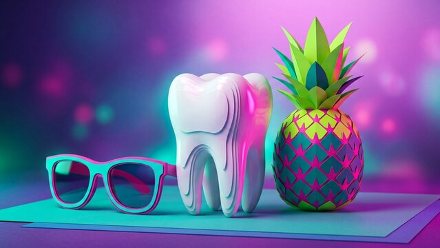 White tooth model beside colorful paper pineapple and retro sunglasses on teal surface. Vibrant 3D rendering for creative health campaigns and summer designs