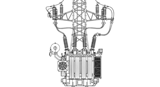 Electric power transformer technical drawing of high voltage station
