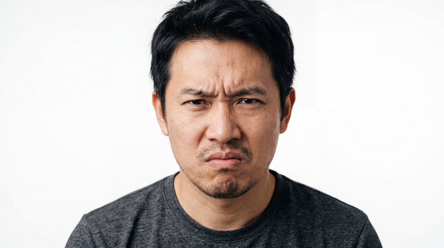 Close-up Portrait of Angry Asian Man with Frustrated Scowl and Furrowed Brow Looking at Camera Isolated on White Background