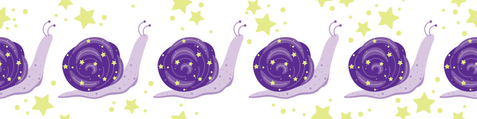 Seamless horizontal border with cute cosmic snail and yellow stars © Viktoriia Blazhuk