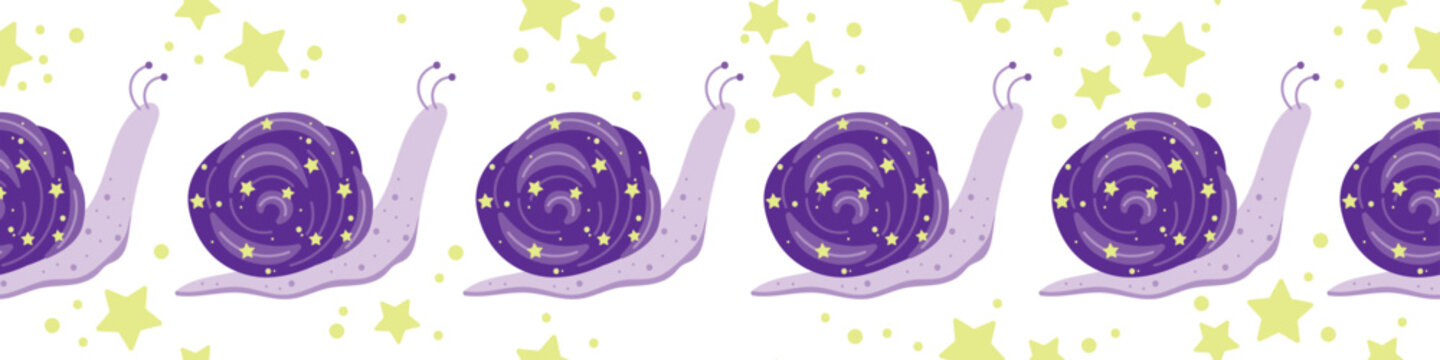 Seamless horizontal border with cute cosmic snail and yellow stars