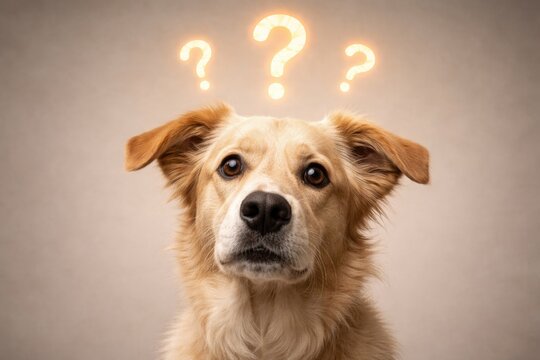 Confused dog with glowing question marks over head on empty text background