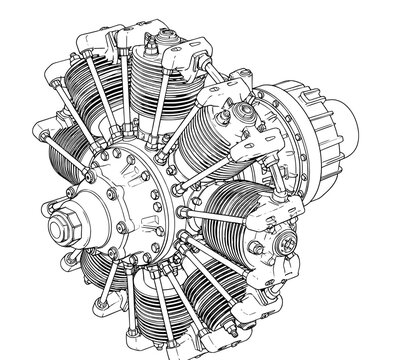 Radial engine aircraft motor 3D technical line illustration
