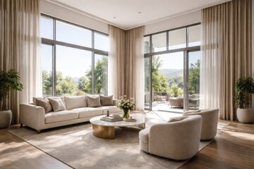 Fototapeta premium Bright living environment featuring floor to ceiling windows with luxurious curtain panels