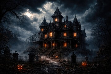 Obraz premium Ghostly haunted villa with ominous clouds and Halloween vibes