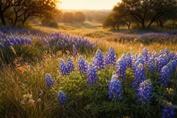 Fototapeta premium Natural prairie scene featuring clusters of blue bonnet flowers