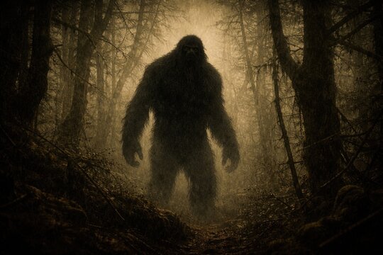 Grunge textured image of a large shadowy bigfoot in creepy woodland
