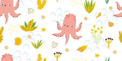 Pink octopus and sea shells seamless pattern for toddlers clothing beach party decor underwater world nursery prints and baby girl birthday invitations © Ilona