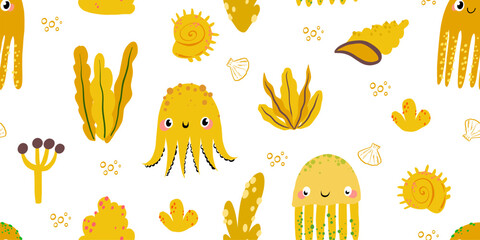 Yellow octopus and seashells seamless pattern for sunny beach apparel underwater adventure nursery decor and bright gender neutral baby shower themes © Ilona