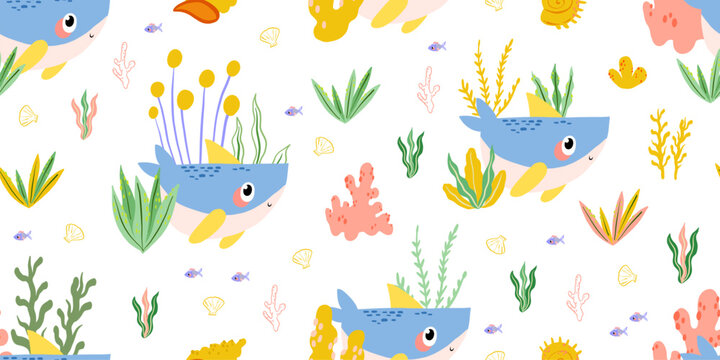Hand Drawn Seamless Shark Pattern for Kids Ocean Adventure Decor Playful Shark Illustration for Boys Birthdays and Undersea Themed Baby Shower Wallpaper