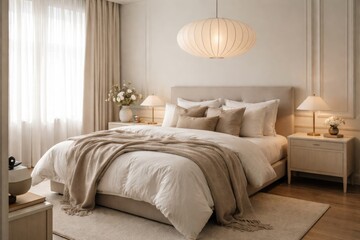Fototapeta premium Bedroom with modern light walls and an elegant white hanging lamp complemented by a comfortable bed layered with cushy pillows and blankets accented by stylish furnishings