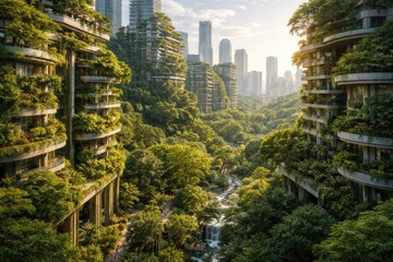 Obraz premium Artistic fusion of contemporary building facades and rich forest canopy in a city focused on nature