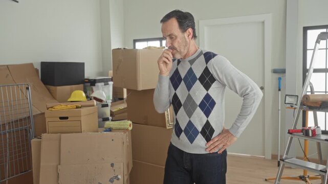 Middleaged man in argyle sweater among stacked cardboard boxes and framed picture, hand to mouth thinking in building; moving day concern.