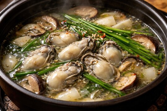 Korean oyster soup simmered with anchovy broth, fresh oysters, mushrooms, and garnished with chives