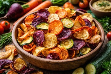 Fototapeta premium Natural vegan vegetable chips using carefully dried organic veggies