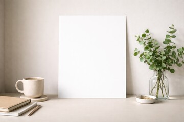 Fototapeta premium Blank white poster display alongside coffee cup and greenery on light beige table