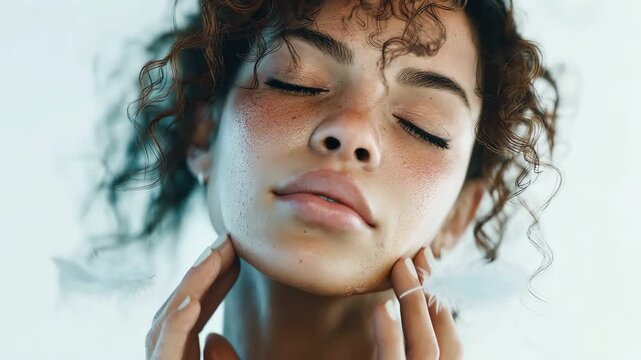 Curly haired woman touching glowing face among falling white feathers