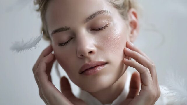 Close up portrait of beautiful woman touching face among white feathers