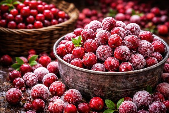 Bright red cranberries freshly picked and instant frozen wild cranberries displayed