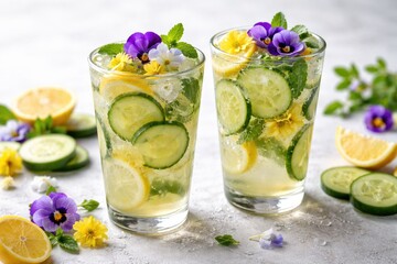 Fototapeta premium Icy citrus cucumber refresher garnished with edible flowers presented in a pair of cups with copy space