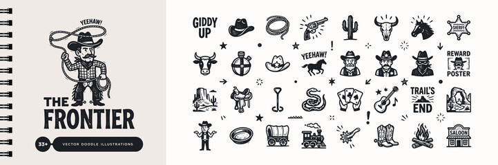 Wild West Frontier Cowboy Vector Icons and Hand-Drawn Doodle Illustrations Collection © Studio181