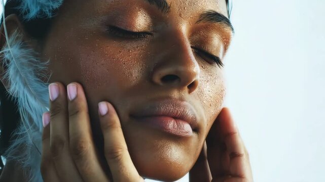 Surreal Close Up of Woman with Wet Skin Touching Face Amidst White Feathers