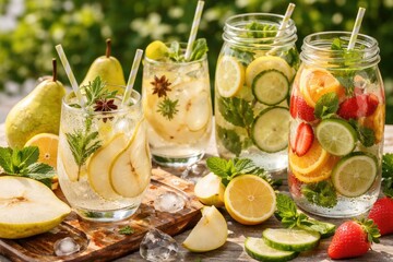 Fototapeta premium Homemade summer cocktails with pear and refreshing detox water recipes
