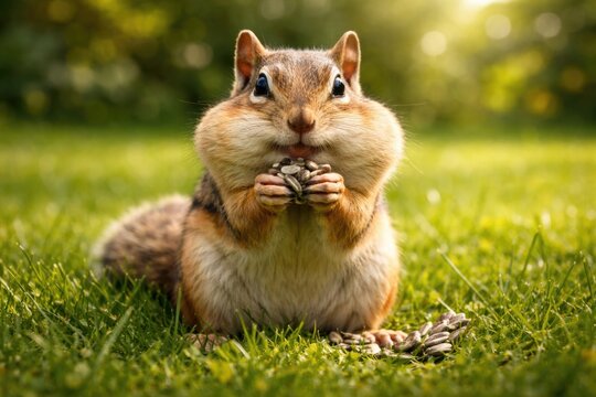 Cheerful chipmunk holding seeds with bulging cheeks on vibrant green grass lawn full length summer scene