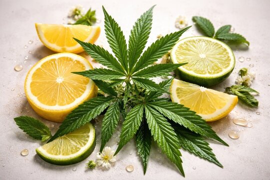 Cannabis leaf sprig paired with citrus slices representing natural limonene terpene concept on a simple neutral backdrop