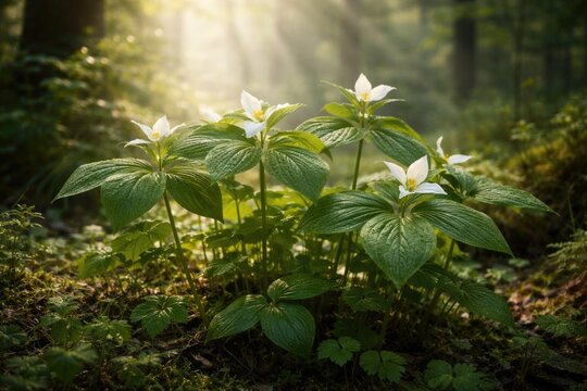 Lovely trillium plants thrive with fresh leaves on a calm sunny morning in a natural preserve